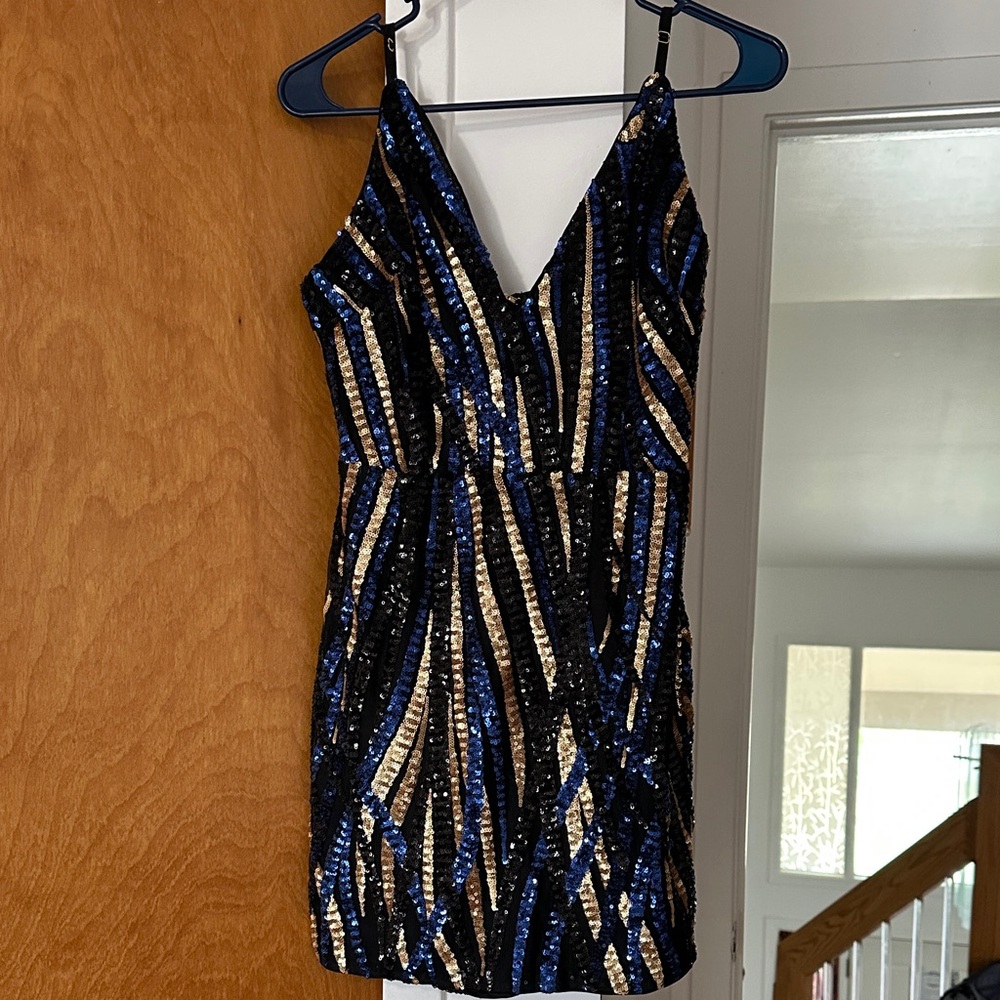 Elegant Sequin Mini Dress in Black, Blue, and Gold